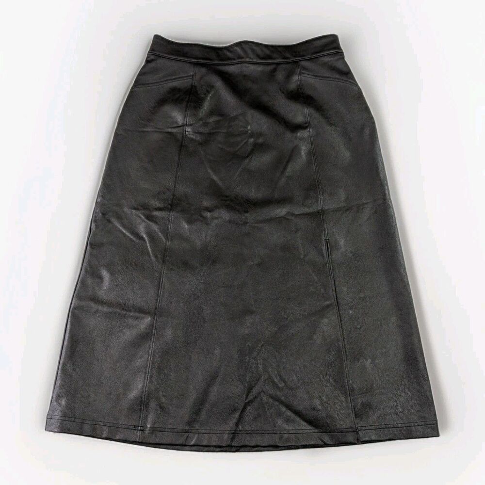 Spanx Faux Leather Skirt Womens L Brown Midi Pull On Slit Elastic Waist